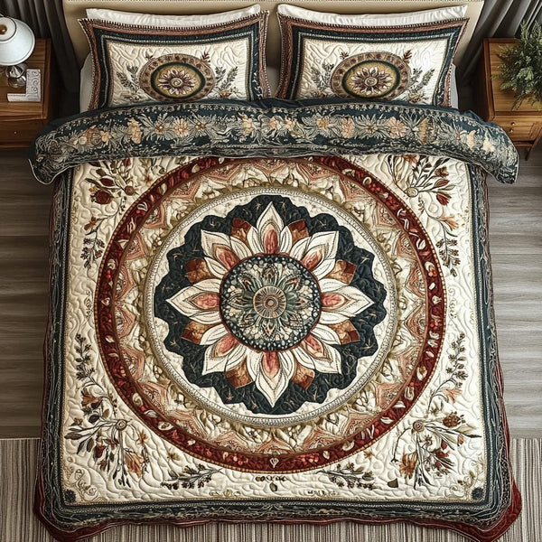 Mystic Radiance quilted 3-piece bedding set on a made bed with two matching pillow shams