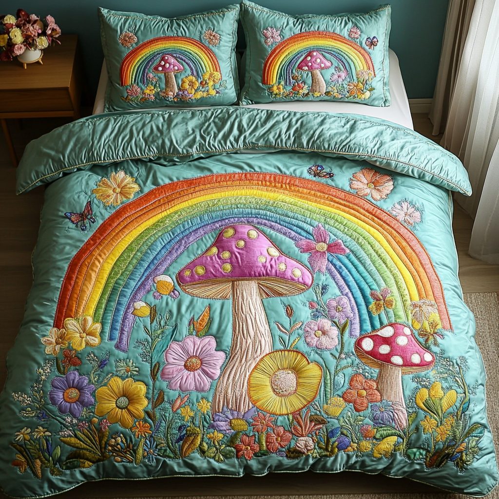 Mystic Rainbows quilted 3-piece bedding set on a made bed with two matching pillow shams