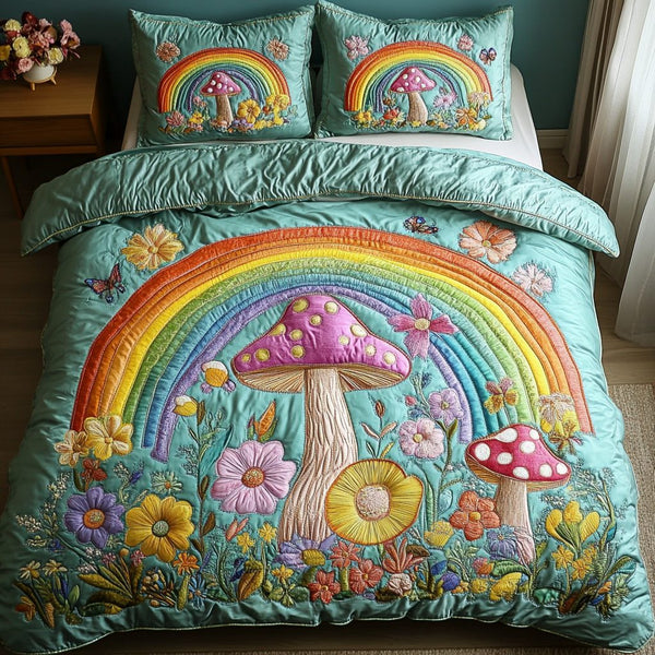 Mystic Rainbows quilted 3-piece bedding set on a made bed with two matching pillow shams