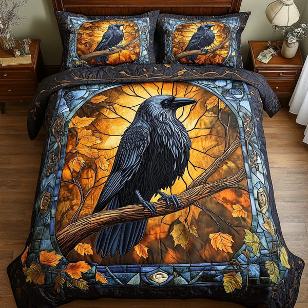 Mystic Raven quilted 3-piece bedding set on a made bed against a dark styled interior