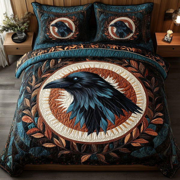 Mystic Raven quilted 3-piece bedding set on a made bed against a dark styled interior