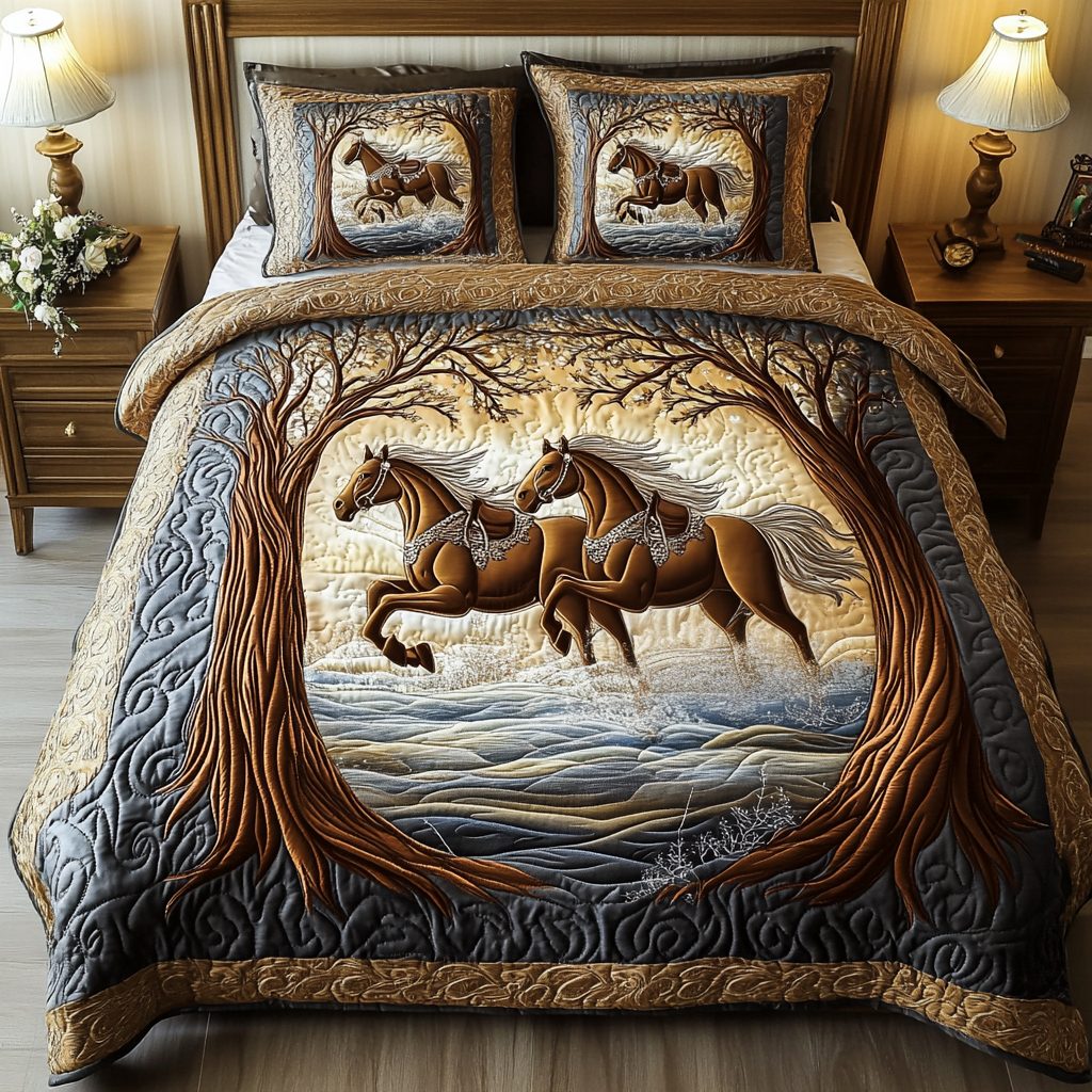 Mystic Rider quilted 3-piece bedding set on a made bed with two matching pillow shams