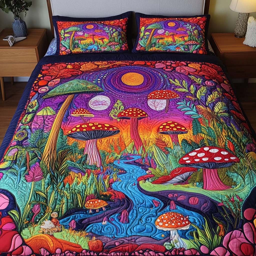 Mystic River quilted 3-piece bedding set on a made bed with two matching pillow shams