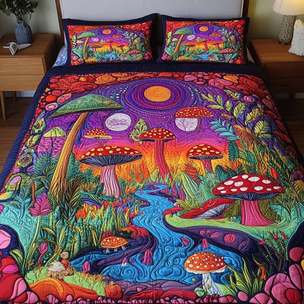 Mystic River quilted 3-piece bedding set on a made bed with two matching pillow shams