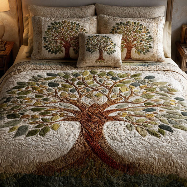 Mystic Roots quilted 3-piece bedding set on a made bed with two matching pillow shams