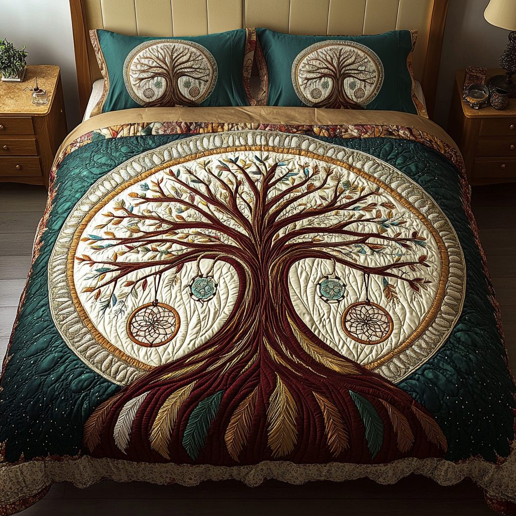 Mystic Roots quilted 3-piece bedding set on a made bed with two matching pillow shams