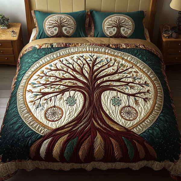Mystic Roots quilted 3-piece bedding set on a made bed with two matching pillow shams