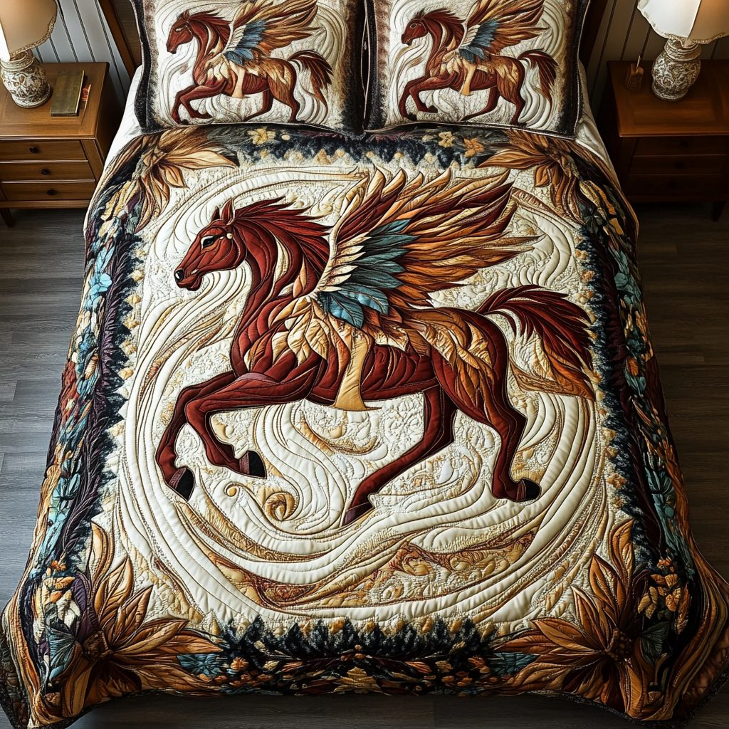 Mystic Runner quilted 3-piece bedding set on a made bed with two matching pillow shams