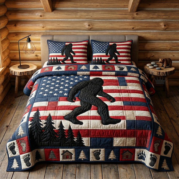 Mystic Sasquatch quilted 3-piece bedding set on a made bed with two matching pillow shams