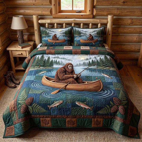 Mystic Sasquatch quilted 3-piece bedding set on a made bed with two matching pillow shams