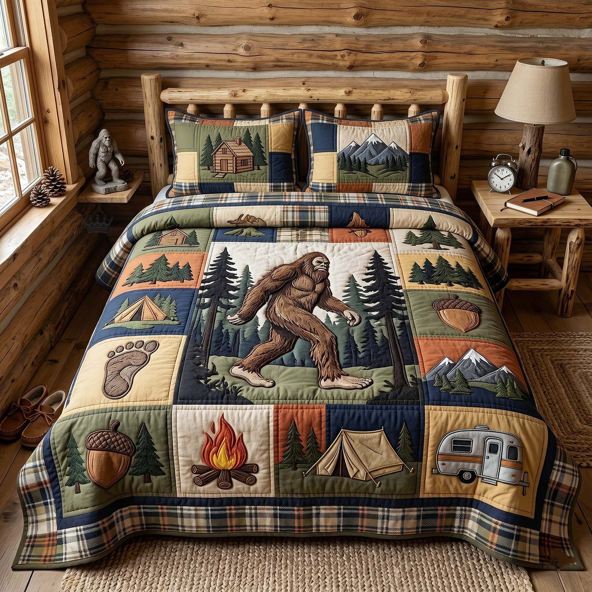 Mystic Sasquatch quilted 3-piece bedding set on a made bed with two matching pillow shams