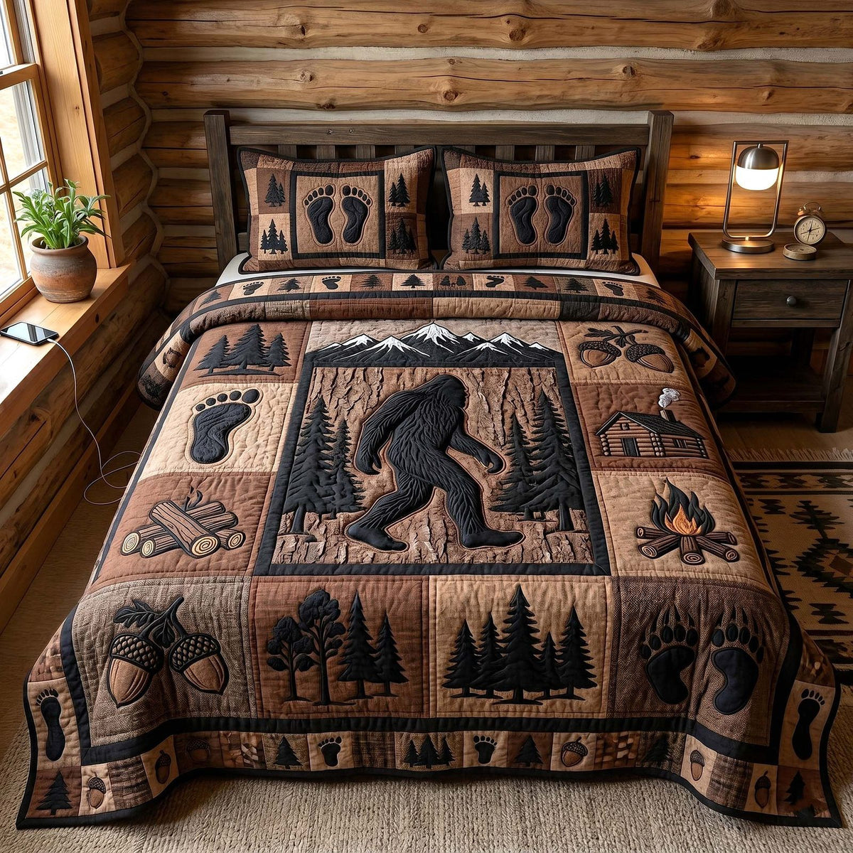 Mystic Sasquatch quilted 3-piece bedding set on a made bed with two matching pillow shams