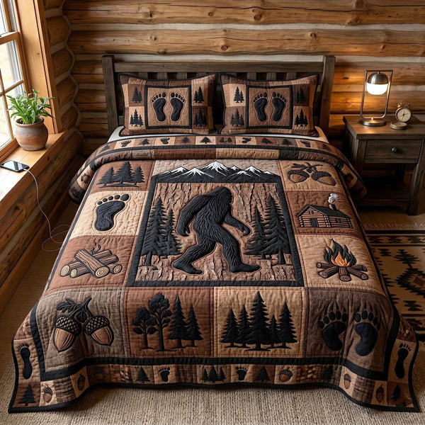 Mystic Sasquatch quilted 3-piece bedding set on a made bed with two matching pillow shams