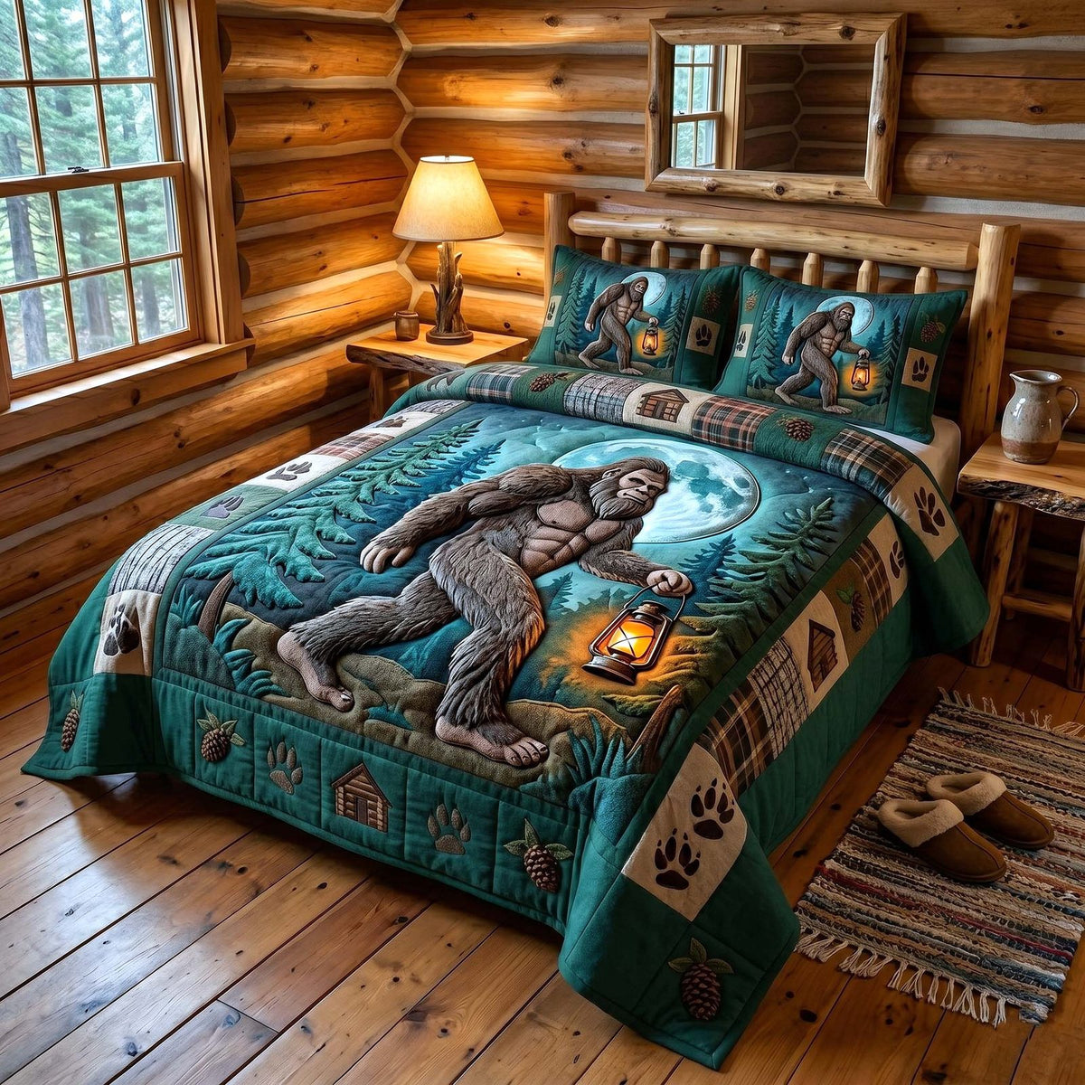 Mystic Sasquatch quilted 3-piece bedding set on a made bed with two matching pillow shams