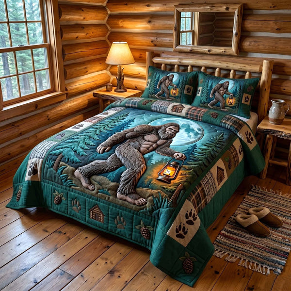 Mystic Sasquatch quilted 3-piece bedding set on a made bed with two matching pillow shams