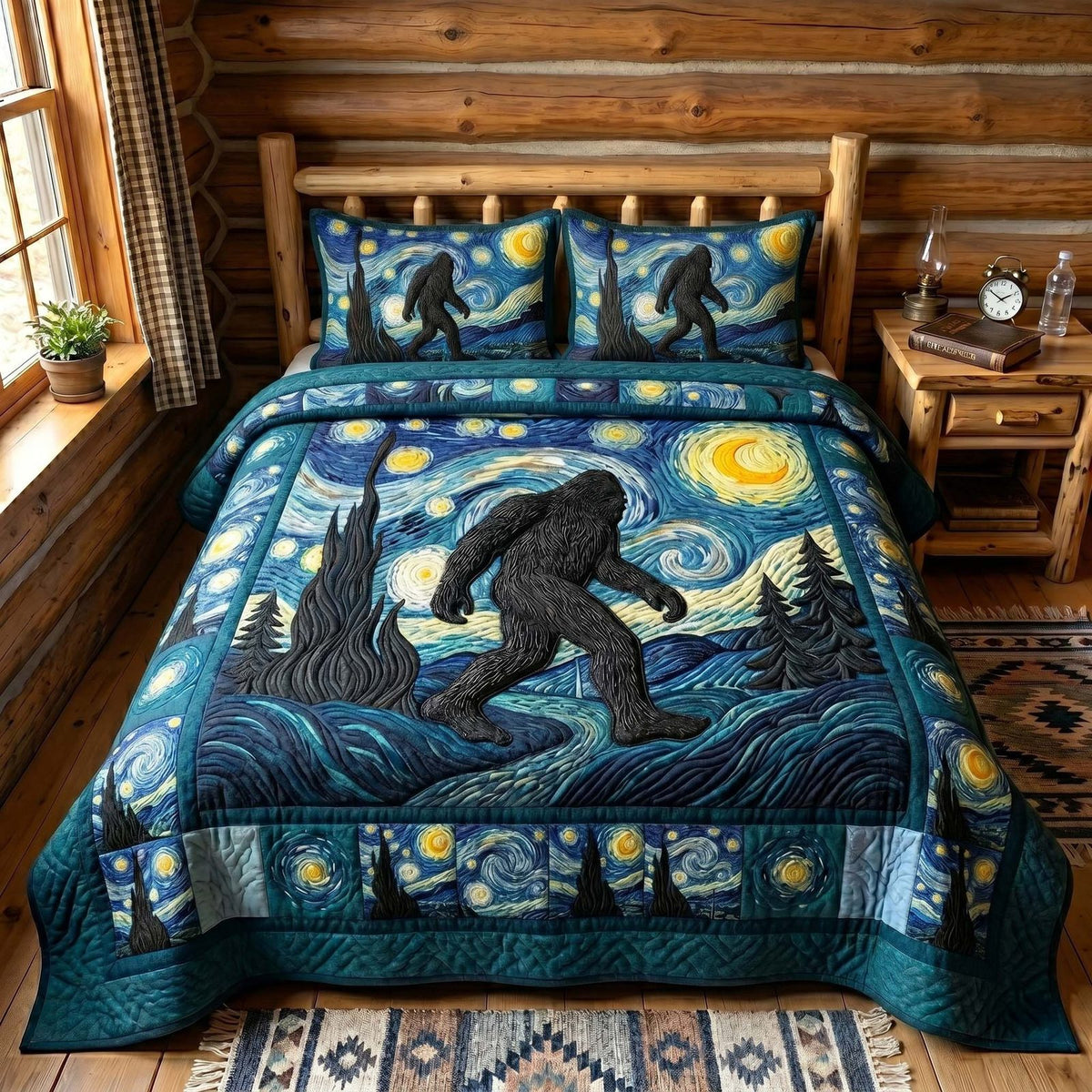 Mystic Sasquatch quilted 3-piece bedding set on a made bed with two matching pillow shams