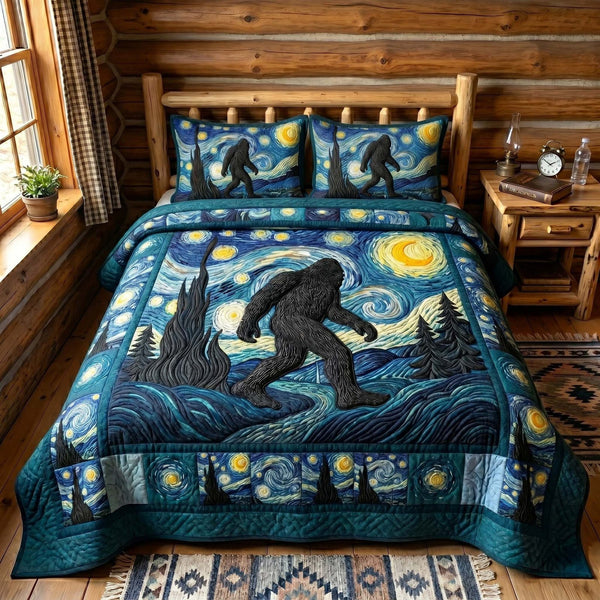 Mystic Sasquatch quilted 3-piece bedding set on a made bed with two matching pillow shams