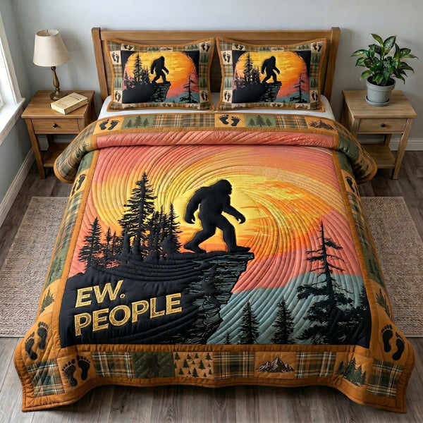 Mystic Sasquatch quilted 3-piece bedding set on a made bed with two matching pillow shams