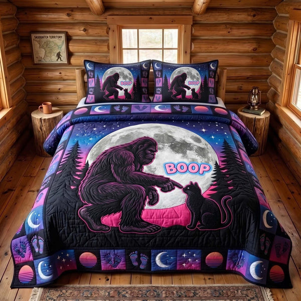 Mystic Sasquatch quilted 3-piece bedding set on a made bed with two matching pillow shams