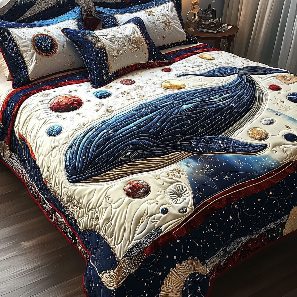 Mystic Sea of Stars quilted 3-piece bedding set on a made bed in a light coastal bedroom