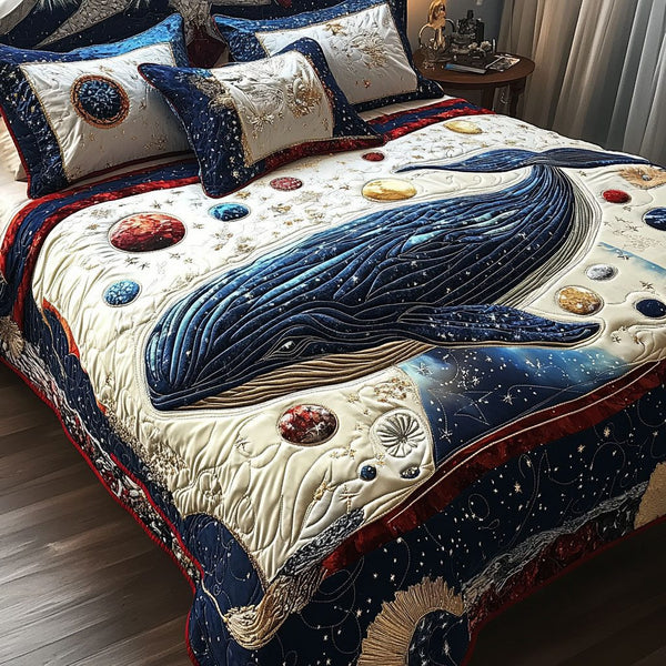 Mystic Sea of Stars quilted 3-piece bedding set on a made bed in a light coastal bedroom