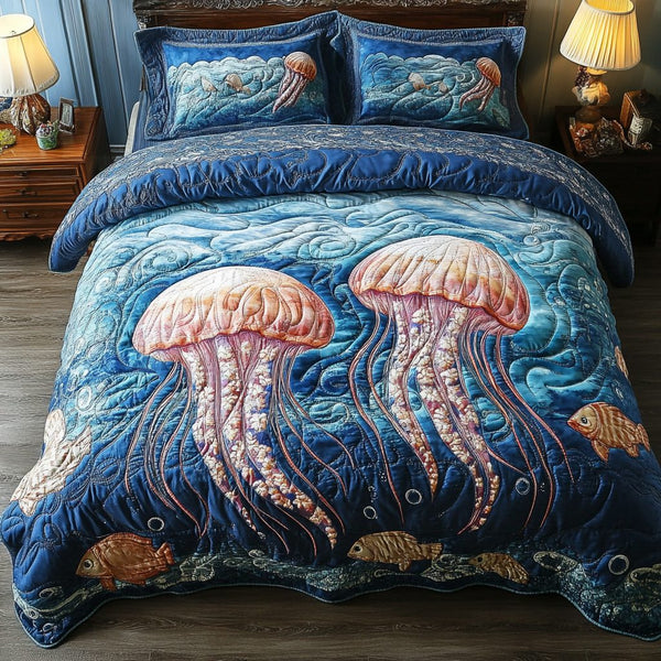 Mystic Sea quilted 3-piece bedding set on a made bed in a light coastal bedroom