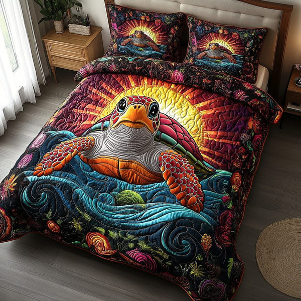 Mystic Shell quilted 3-piece bedding set on a made bed in a light coastal bedroom