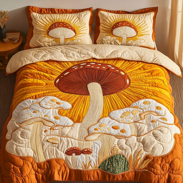 Mystic Shroom quilted 3-piece bedding set on a made bed with two matching pillow shams