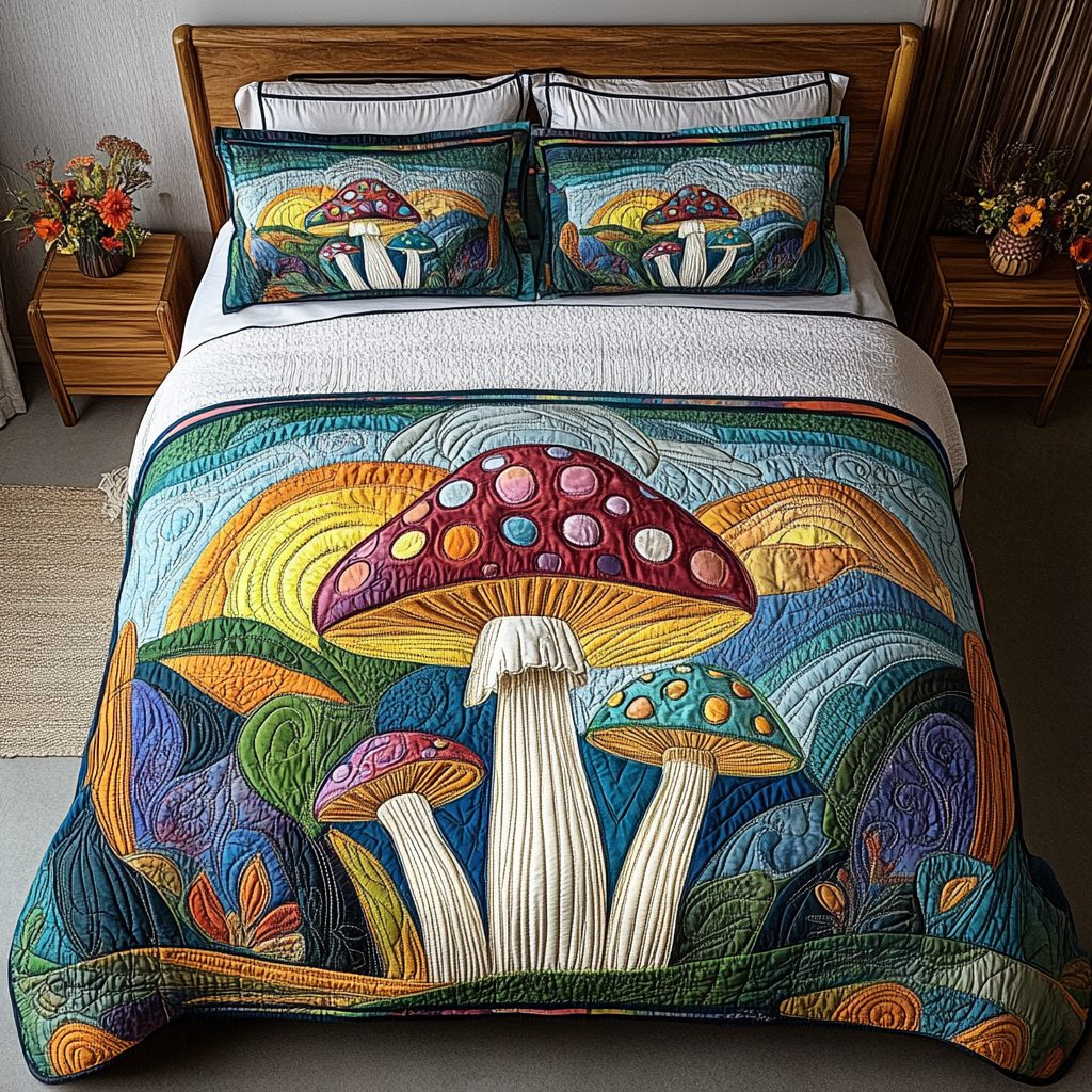 Mystic Shroom quilted 3-piece bedding set on a made bed with two matching pillow shams