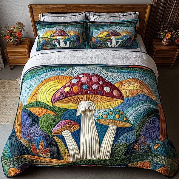 Mystic Shroom quilted 3-piece bedding set on a made bed with two matching pillow shams