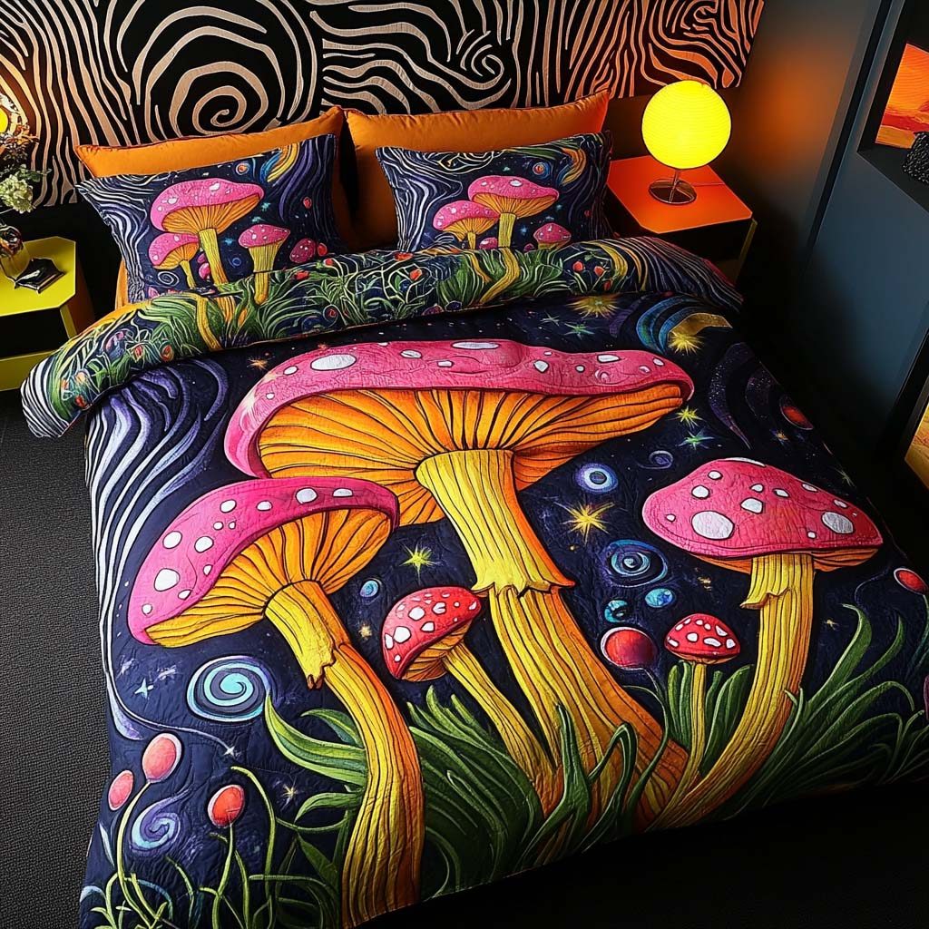 Mystic Shrooms quilted 3-piece bedding set on a made bed with two matching pillow shams
