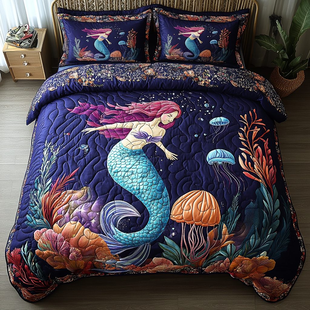 Mystic Siren quilted 3-piece bedding set on a made bed with two matching pillow shams