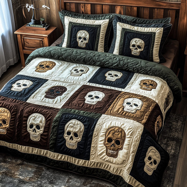 Mystic Skull Patchwork quilted 3-piece bedding set on a made bed against a dark styled interior