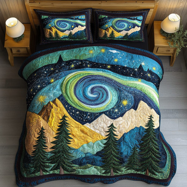 Mystic Sky quilted 3-piece bedding set on a made bed with two matching pillow shams