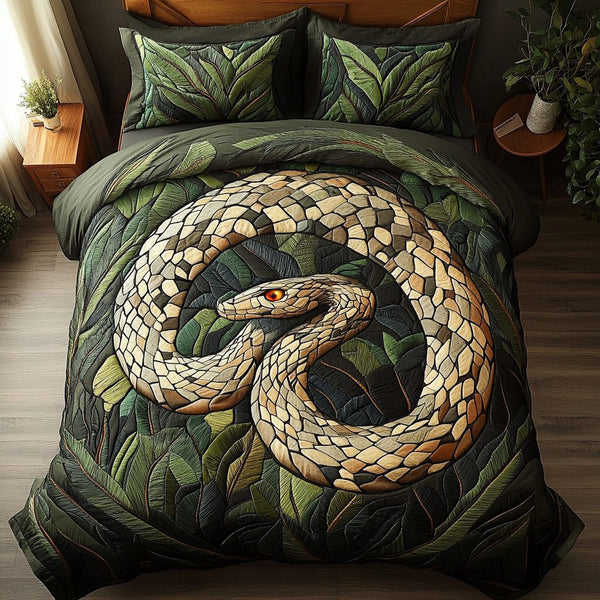 Mystic Snake quilted 3-piece bedding set on a made bed with two matching pillow shams