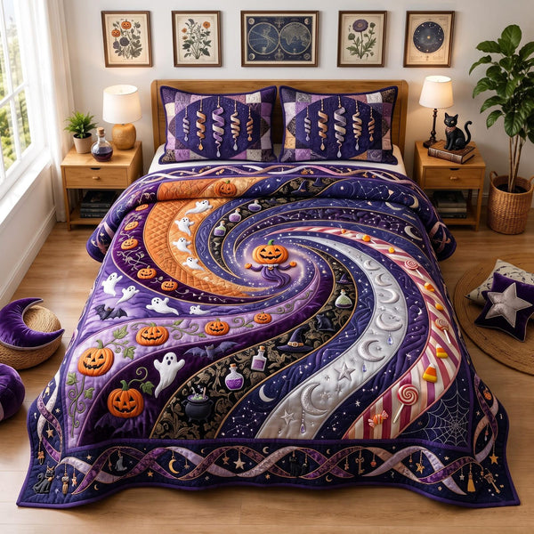 Mystic Spiral quilted 3-piece bedding set on a made bed with two matching pillow shams
