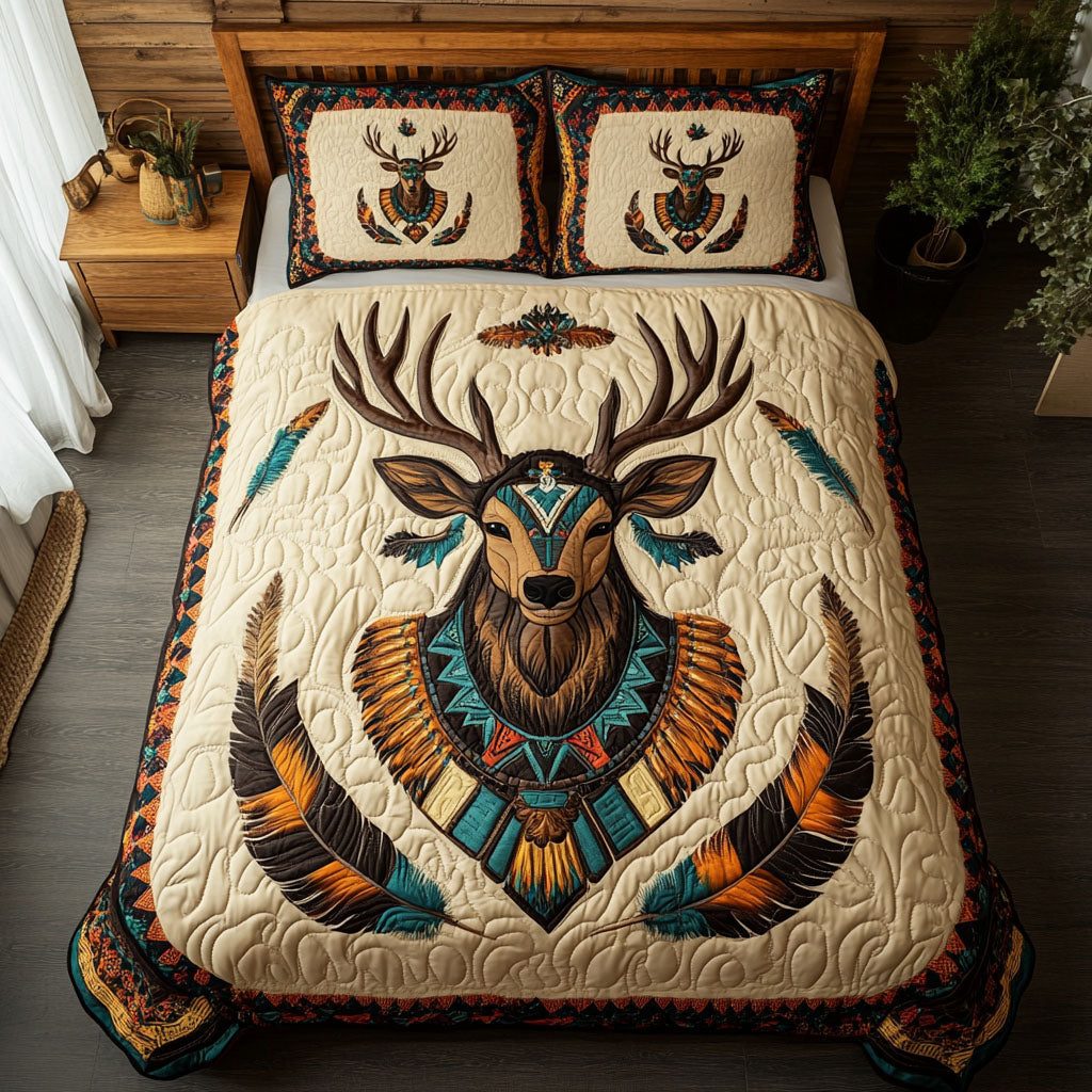 Mystic Stag quilted 3-piece bedding set on a made bed with two matching pillow shams