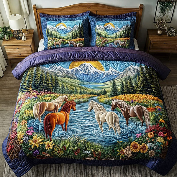 Mystic Stallion quilted 3-piece bedding set on a made bed in a rustic timber bedroom