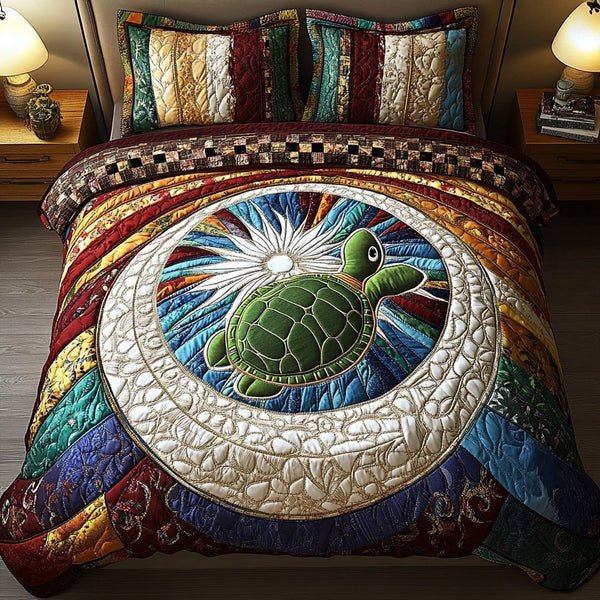 Mystic Swimmer quilted 3-piece bedding set on a made bed with two matching pillow shams