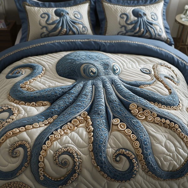 Mystic Tentacles quilted 3-piece bedding set on a made bed with two matching pillow shams