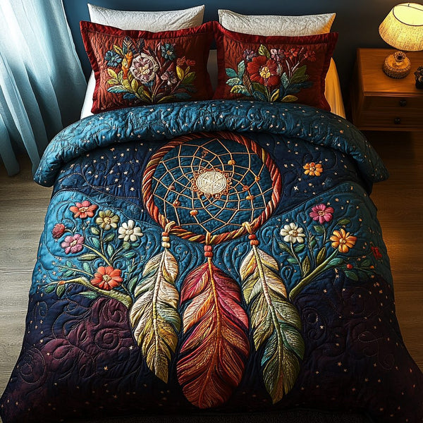 Mystic Threads quilted 3-piece bedding set on a made bed with two matching pillow shams