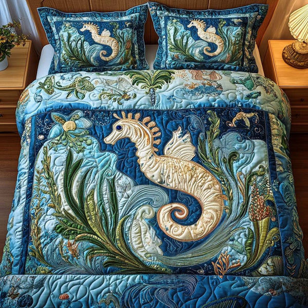 Mystic Tide quilted 3-piece bedding set on a made bed in a light coastal bedroom