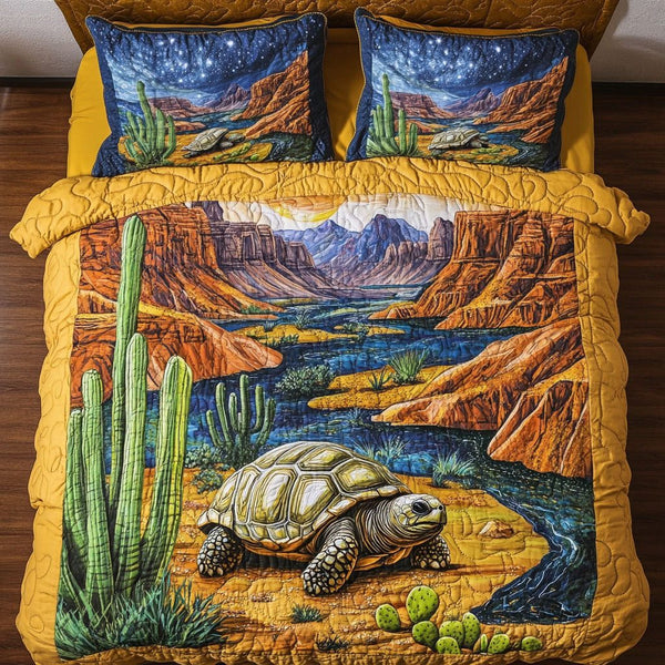 Mystic Tortoise quilted 3-piece bedding set on a made bed with two matching pillow shams