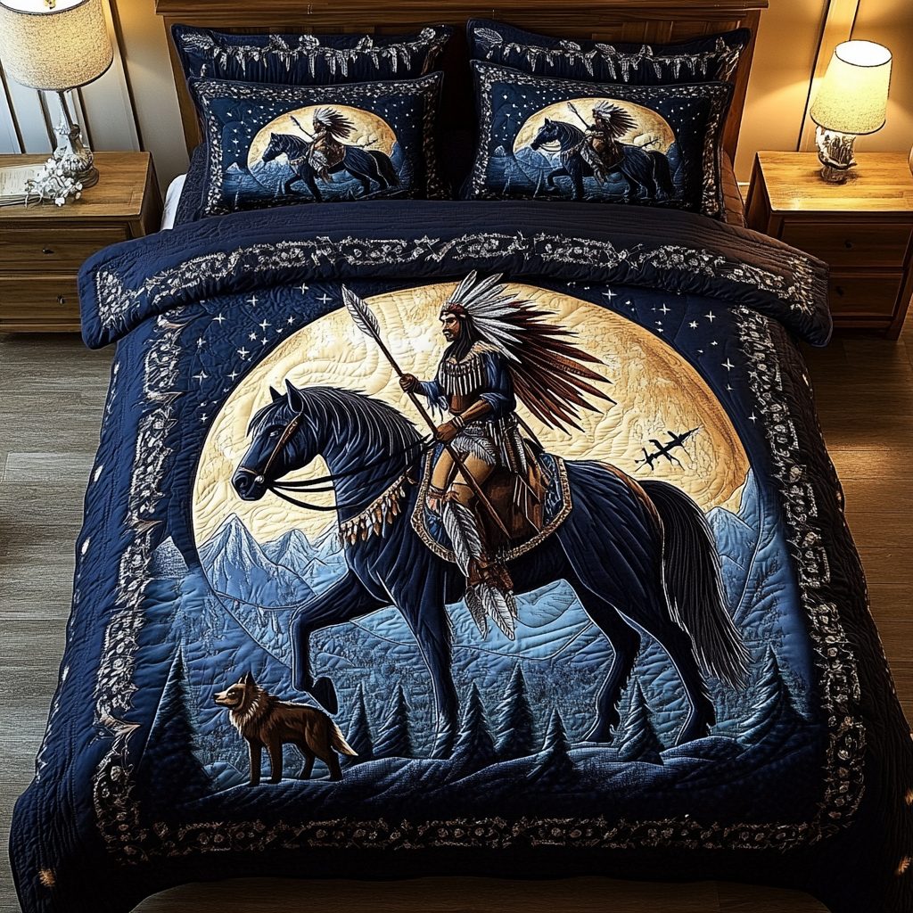 Mystic Trails quilted 3-piece bedding set on a made bed with two matching pillow shams