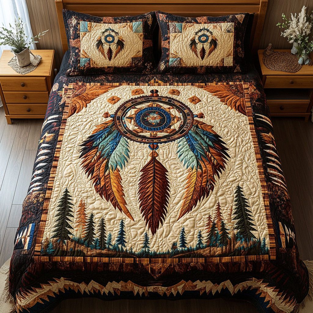 Mystic Trap quilted 3-piece bedding set on a made bed with two matching pillow shams
