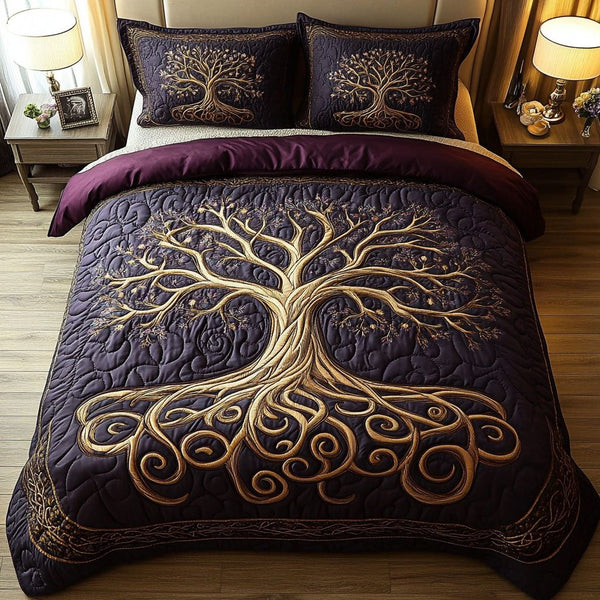 Mystic Tree of Life quilted 3-piece bedding set on a made bed with two matching pillow shams