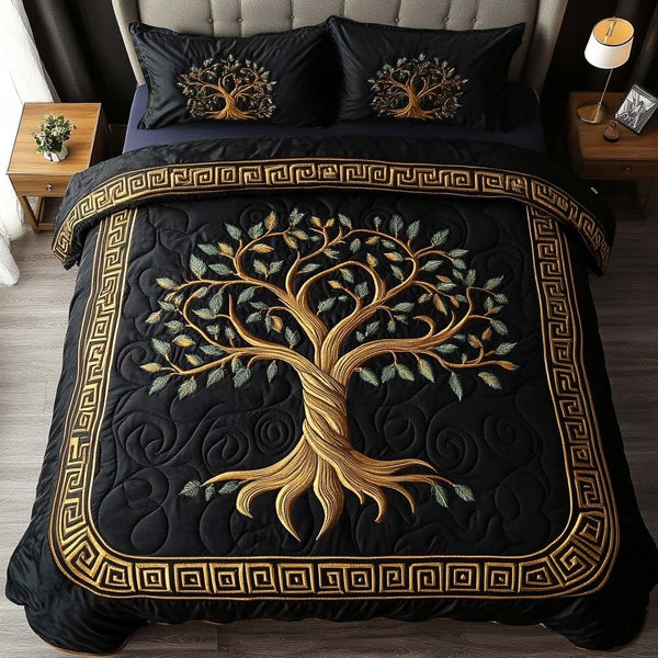 Mystic Tree quilted 3-piece bedding set on a made bed with two matching pillow shams
