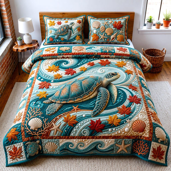 Mystic Turtle quilted 3-piece bedding set on a made bed in a light coastal bedroom