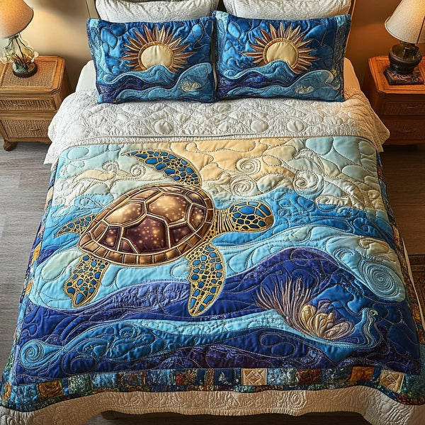 Mystic Turtle quilted 3-piece bedding set on a made bed in a light coastal bedroom