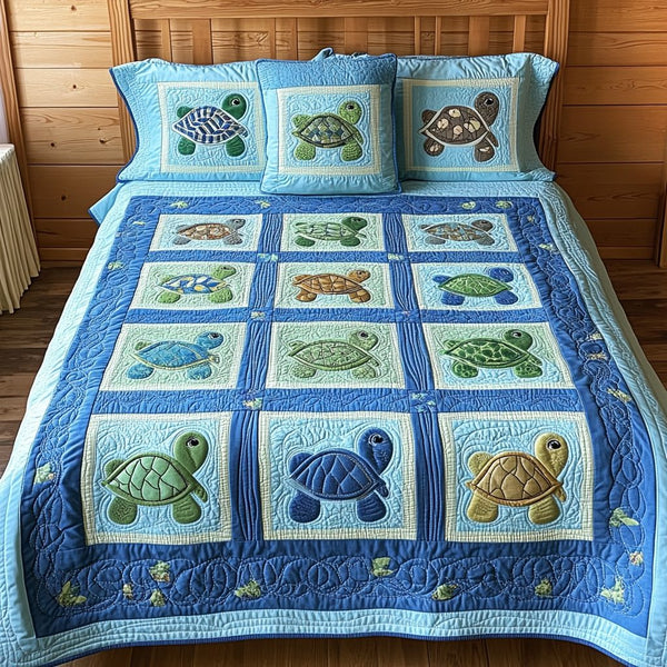 Mystic Turtle quilted 3-piece bedding set on a made bed in a light coastal bedroom